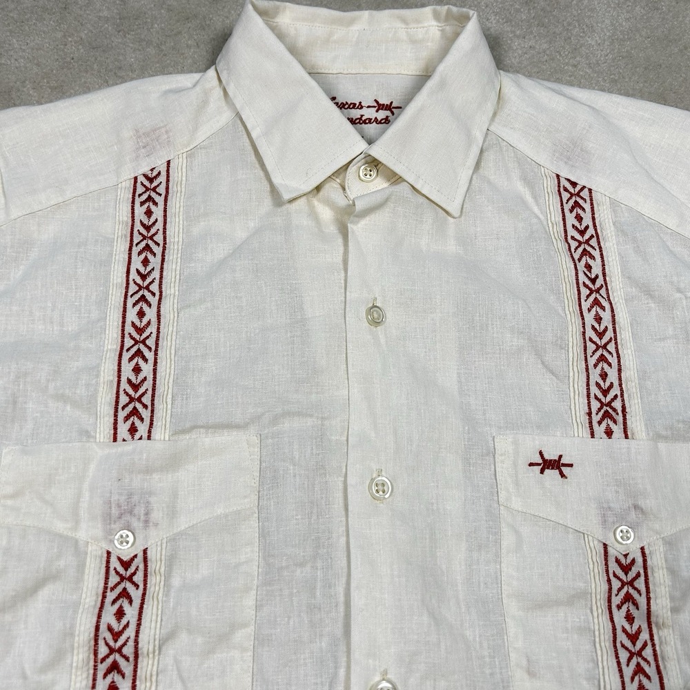 Texas Standard Shirt Mens S Guayabera Button Down Ivory Linen Blend Embroidered
